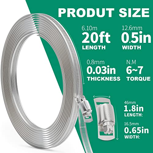 OURU 20FT Hose Clamps 304 Stainless Steel,DIY Metal Strap with 10 Fasteners - size: 20FT Metal Strapping+10 Fasteners