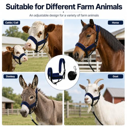 2-Pack Cow Halter with 3M Leading Rope, 13.5"-17.5" Adjustable Nylon Cattle Halter for Calf Cows Horses Livestock, Farm Training Harness - size: 13.5"-17.5"
