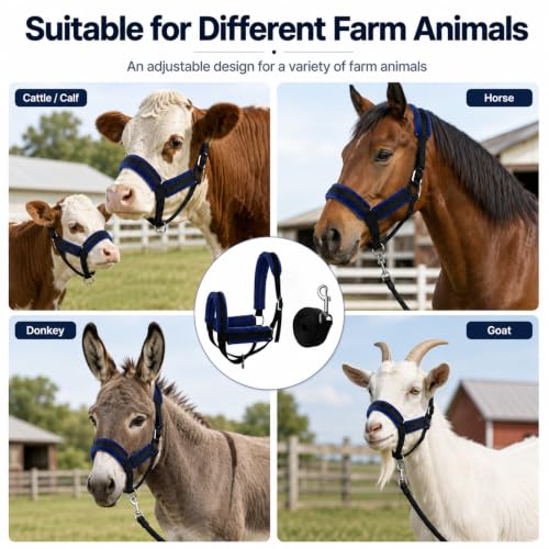 2-Pack Cow Halter with 3M Leading Rope, 19.5"-23.5" Adjustable Nylon Cattle Halter for Calf Cows Horses Livestock, Farm Training Harness - size: 19.5"-23.5"