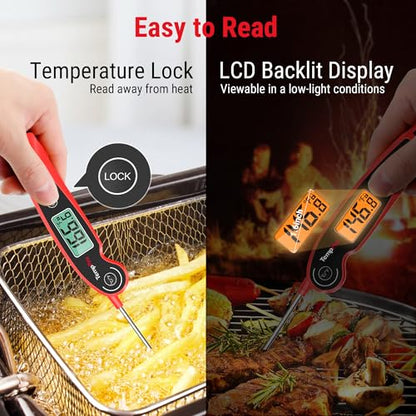 TempPro TempSwift Instant Read Meat Thermometer for Cooking | Waterproof Digital Food Thermometer with Large Backlit LCD, Kitchen Thermometer for Grilling, Smoking & Candy Making - color: Red
