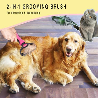 Pet Grooming Rake for Dogs & Cats - Double-Sided Deshedding and Dematting Tool, Gently Remove 95% of Loose Undercoat & Mats for Long-Haired Pets, Painless Fur Brush for Shedding Control (Pink) - color: Pink