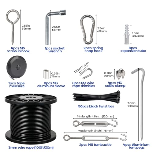 TooTaci 1/8" Wire Rope Kit, 100FT Black Vinyl Coated Stainless Steel Cable - color: Black, size: 100FT-1/8 Black Vinyl Coated Cable