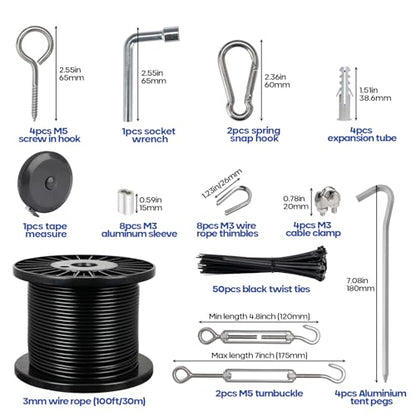 TooTaci 1/8" Wire Rope Kit, 100FT Black Vinyl Coated Stainless Steel Cable - color: Black, size: 100FT-1/8 Black Vinyl Coated Cable