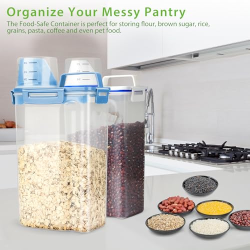 Viretec Rice Airtight Storage Container, 3 to 5Lbs Cereal Dry Food Flour Bin, Pet Dog Cat Food Dispenser with Measuring Cup, BPA Free Clear Plastic Kitchen and Pantry Organization Bin for Sugar, Pasta - color: 3L/Blue