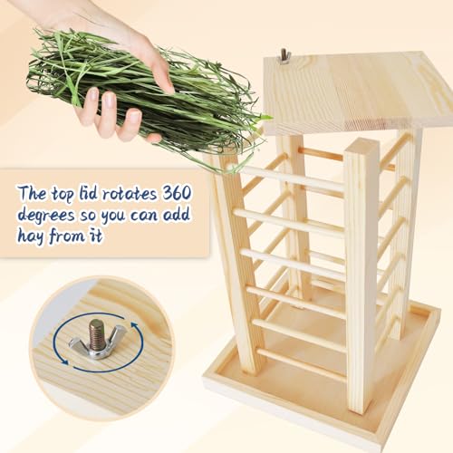 Rabbit Hay Feeder Wooden Bunny Hay Rack Guinea Pig Feeding Manger Standing Rabbits Grass Holder Small Animals Less Waste Food Dispenser for Chinchillas Hamsters Bunnies Gerbil