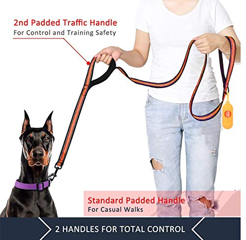 JSXD Heavy Duty Double Handle Dog Leash - 5 FT with Padded, Reflective Rope for Small to Large Dogs (Wide-Orange) - color: Wide-Orange