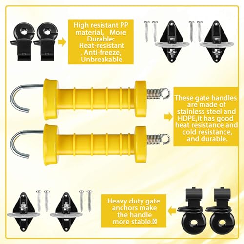 Tondiamo 2 Sets Electric Fence Gate Handle Set with Anchors and Insulators Including 2 Pcs Plastic Electric Fence Gate Handle with Spring, 4 Pieces Anchor Set, 4 Pieces Black Insulators