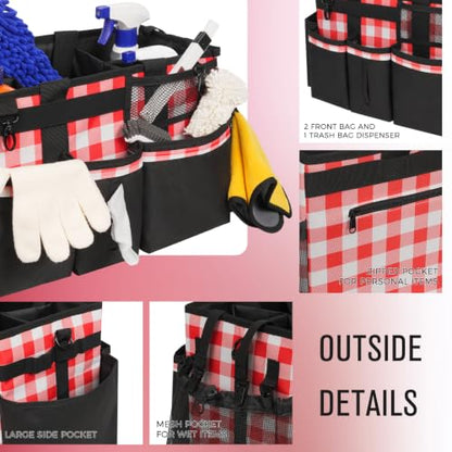 SCAVATA Wearable Cleaning Caddy, Cleaning Caddy Supplies Organizer with Handle & Shoulder Straps for Housekeepers, Under Sink & Car Cleaning Tool Organizers Bag with 4 Foldable Divider (RedPlaid) - color: RedPlaid