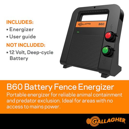 Gallagher B60 Battery Fence Energizer | 0.6 Joule Portable Electric Fence Charger for Livestock & Temporary Fencing | 12V Battery Powered | Powers Up to 15 Miles
