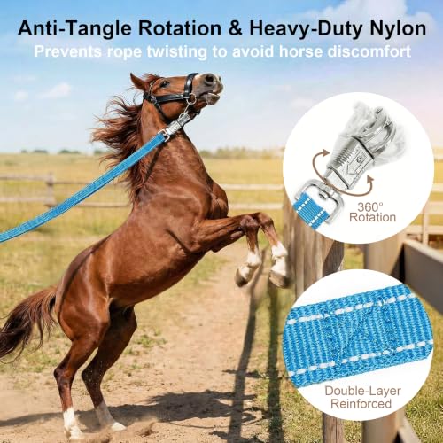 2 Pack Cross Ties for Horses, Heavy Duty Reflective Adjustable Trailer Tether (44"-78.7") with Panic & Bull Snap, 360° Anti-Tangle Barn Grooming Equipment (Blue) - color: Blue