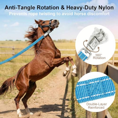 2 Pack Cross Ties for Horses, Heavy Duty Reflective Adjustable Trailer Tether (44"-78.7") with Panic & Bull Snap, 360° Anti-Tangle Barn Grooming Equipment (Blue) - color: Blue