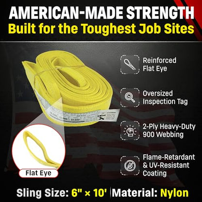 DD Sling 6 Inch x 10 Foot Nylon Lifting Sling – USA Made, 16,300 lb Vertical, 13,000 lb Choker, 32,600 lb Basket – 2-Ply Heavy Duty 900 Webbing, Type 3 Flat Eye & Eye Rigging Sling - size: 6" x 10'