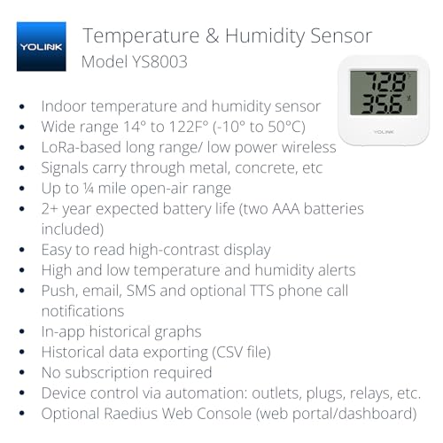 Smart Temperature Humidity Sensor Works w/Alexa IFTTT, 1/4 Mile Super Long Range Wireless Digital Hygrometer Indoor Thermometer Humidity Meter Temperature Humidity Monitor Sensor -YoLink Hub Required