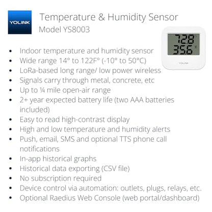 Smart Temperature Humidity Sensor Works w/Alexa IFTTT, 1/4 Mile Super Long Range Wireless Digital Hygrometer Indoor Thermometer Humidity Meter Temperature Humidity Monitor Sensor -YoLink Hub Required