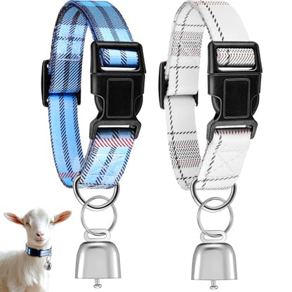 2 Pack Goat Collars with Bells, Sheep Grazing Copper Bells and Adjustable Nylon Collar Set Loud Bronze Bell Small Farm Animal Sheep Cow Accessories(Blue, White,Plaid Pattern) - style: Plaid