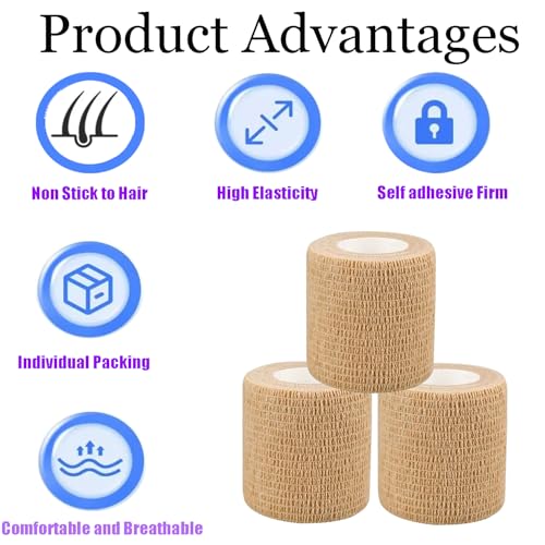 3 Pack 2 Inches Self Adhesive Bandage Wrap Vet Wrap for Pets, Stretch Self Adherent Tape Cohesive Wrap for Athletic, Sports, Wrist and Ankle(Skin)