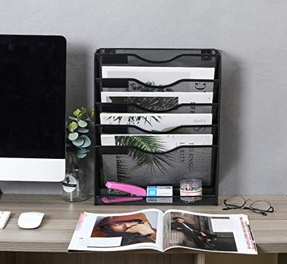 EasyPAG 5 Tier Wall File Holder Mesh Hanging Folder Organizer with Classify Label, Versatile Desk File Holder, Vertical Wall Mounted Mail Organizer for Office Home Cubicle, Black, Closed Sides - color: Black (Update）