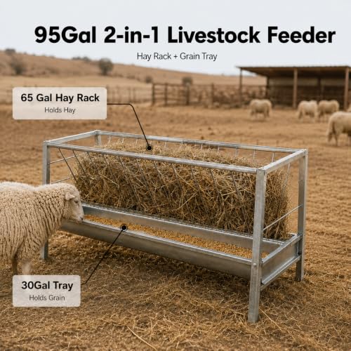 Livestock Hay Feeder,95 Gallon 2 in 1 Grain & Hay Feeder, 59 Inch Long Heavy Duty Steel Goat Hay Feeder with Deep Feeding Pan, Livestock Hay Rack for Goats, Sheep, Horse, Farm & Barn Pasture Use