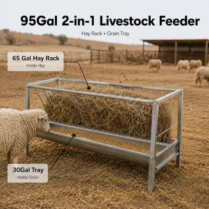 Livestock Hay Feeder,95 Gallon 2 in 1 Grain & Hay Feeder, 59 Inch Long Heavy Duty Steel Goat Hay Feeder with Deep Feeding Pan, Livestock Hay Rack for Goats, Sheep, Horse, Farm & Barn Pasture Use
