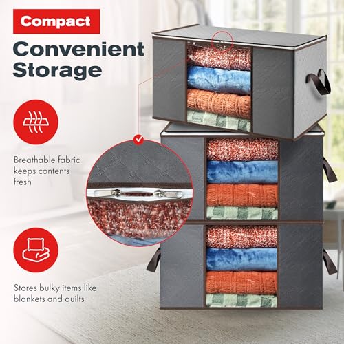 Storage Bags For Clothes - 6-Pack Collapsible Organizers for Blankets, Bedding & Clothes - Large 90L Zip Bags with Handles - Clear Durable Containers for Closet Organization (Grey)