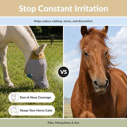 TSZ Horse Fly Mask with Nose Cover - UV Block 70% Breathable Mesh Flymask - size: Horse