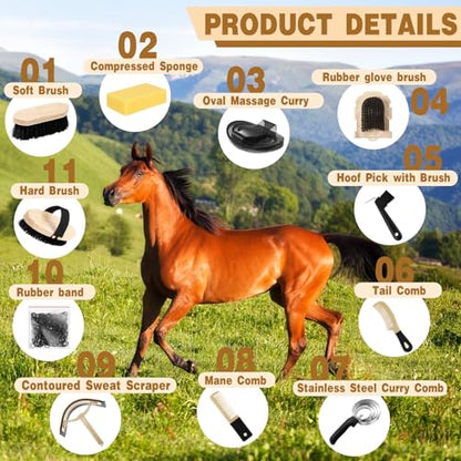 Abbylike 12 Pieces Horse Grooming Kit Equine Care Brushes, Black - color: Black