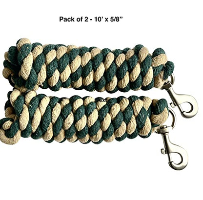 Majestic Ally Pack of 2 Solid Cotton Lead Rope for Horses & Livestock – 10 Foot Long and 5/8 inch Thick - Replaceable Heavy-Duty Satin Bolt Snap – Handmade – Soft, Broken in Feel (Hunter Green -Tan) - color: Hunter Green -Tan