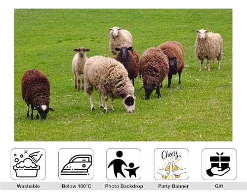 4x4ft Fabric Herd Sheep Green Meadow Backdrop Mixed Wool Sheep Lush Fresh Grass Pasture Bright Overcast Sky Photography Background Tapestry Farm Animal Decorations Photo Booth Props - size: 4x4ft
