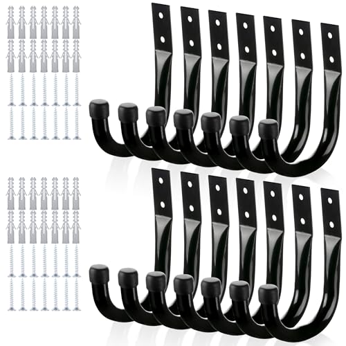 KURUI Large Metal Wall Hooks for Hanging Living Room/Bedroom/Garage, 14Pcs Garage Organization and Storage Hook for Tool Coat Backpack Bag, Black Wall Mount Hanges for Outdoor Indoor - size: 3.5''-14pcs