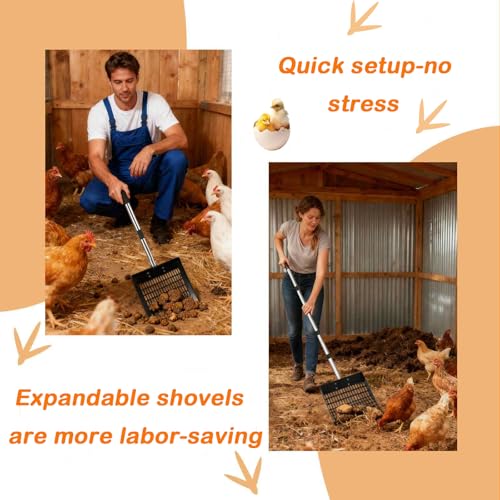 Adjustable Chicken Poop Scooper, 4-in-1 Sifting Litter Shovel for Chicken Coop, Adjustable Stainless Steel Handle Metal Chicken Poop Scooper Goat Stall, and Stable Cleaning (24 to 70 Inches)
