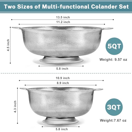 Pleafind 18/8 Stainless Steel Colander for Kitchen - 5 qt and 3 qt, Rapid-Flow Strainers and Colanders with Handle, Pasta Strainer with Sturdy Base for Stable Use, Rust-Resistant & Dishwasher Safe - size: 5Qt & 3Qt