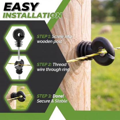 Tudomro 102 Electric Fence Wire Kit 100 Electric Fence Insulators 1 Roll of 3mm 656ft Stainless Steel Polywire 1 Insulator Socket Tool for Reliable Conductivity & Rust Resistance