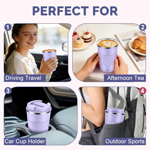 MOMSIV 12oz Travel Coffee Mug, Insulated Coffee Cup with Leakproof Lid - color: B-Purple Taro-12oz