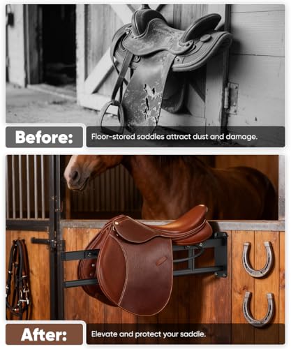 Queension Wall Mounted Saddle Rack with Pad Bar for Horses Saddles, Black - style: Wall Mounted-Black