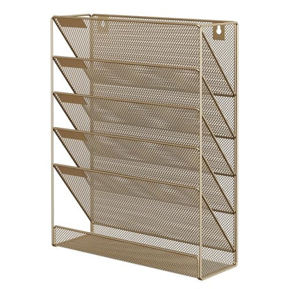 EasyPAG 5 Tier Wall File Holder, Mesh Hanging Folder Organizer with Classify Label, Versatile Desk File Holder, Vertical Wall Mounted Mail Organizer for Office Home Cubicle, Gold - color: Gold