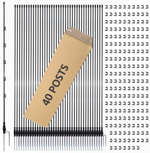 76 Inches High Fiberglass Step-in Electric Fence Portable Posts with Double Spikes - 40 Posts Come with 200 Clips - size: 76 in x 40 x 2 stake