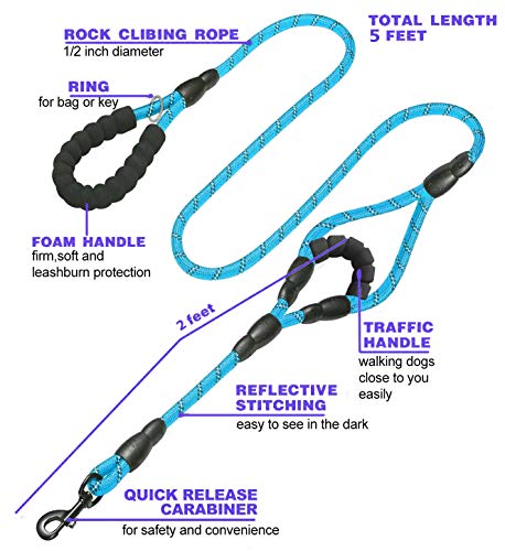 JSXD Heavy Duty Double Handle Dog Leash - 5 FT, Padded & Reflective, Rope for Small to Large Dogs (Blue) - color: Rope-Blue