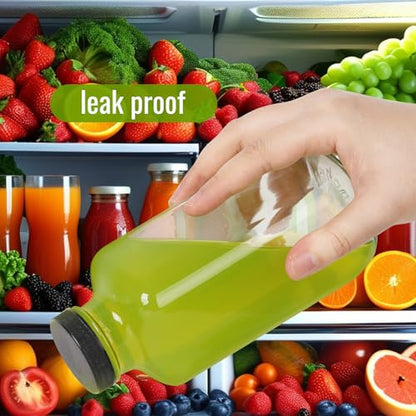 Glass Juice Bottles with Lids 16 oz - 6 Pack Reusable Drink Jars Containers with Labels and Brush for Juicing, Water, Milk, Kombucha, Smoothies - size: 16 Ounces