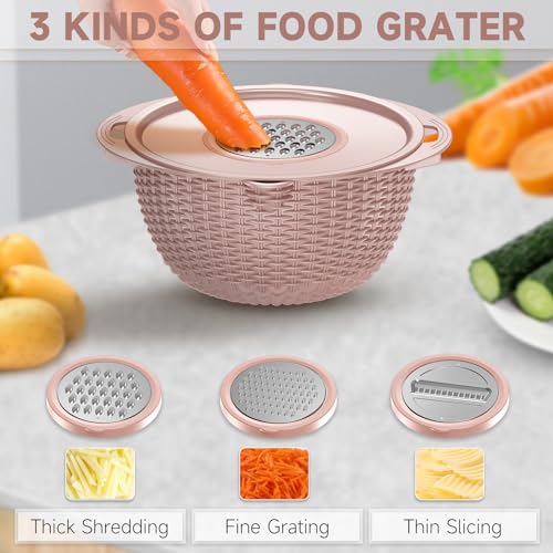 4-1 Colander with Bowl & Spoons Set - Food Strainer with New Upgraded Graters & Spoons - Colanders for kitchen(Patented) - Strainer for Fruit Pasta Veggie, Funny Presents for Women, Pink - color: Pink