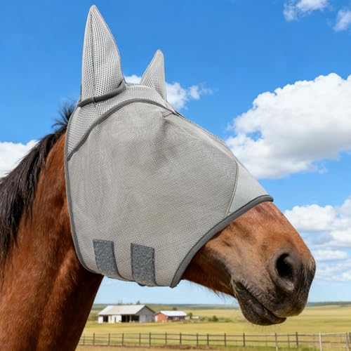 Grey Adjustable Horse Fly Mask with Ears for Ranch Daily Training