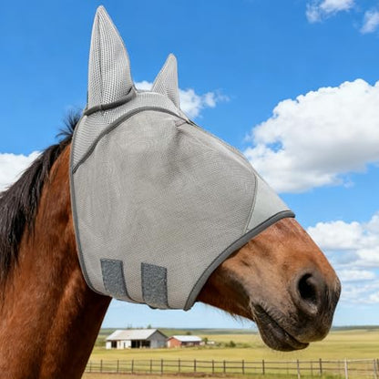 Grey Adjustable Horse Fly Mask with Ears for Ranch Daily Training
