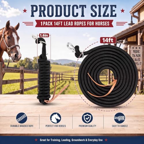 1 Pack 14 ft Horse Driving Lines, Cotton Web Lunge Line, Solid Brass Trigger Snaps, Reins for Cart Training, Harness, Ground Driving, Horse Work