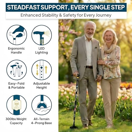Walking Cane with LED Light, Foldable,Adjustable, Self Standing Walking Canes for Men & Women,Walking Sticks with Quad Base for Seniors & Adults - color: Black flowers
