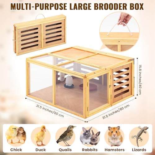 Large Chicken Brooder Box Kits 32x32x16 in Wooden Foldable Chick Brooder Box with Heated Light Thermometer Portable with Handle for up to 70 Chickens, Ducks, Quails, Hamsters, No Assembly