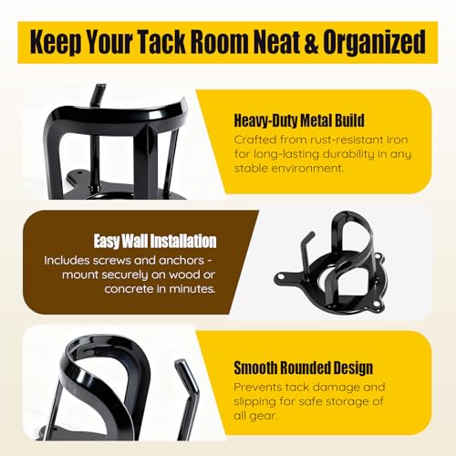 6 Pack Horse Bridle Rack Bracket Hooks – Metal Halter Hanger with Tubes and Screws, Heavy-Duty Tack Storage Holder for Horse Barn, Stable, and Tack Room Organization (Black)