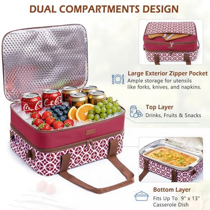 BAGSPRITE Double-Layer Insulated Casserole Carrier for 9" x 13" Baking Dish - color: Cranberry