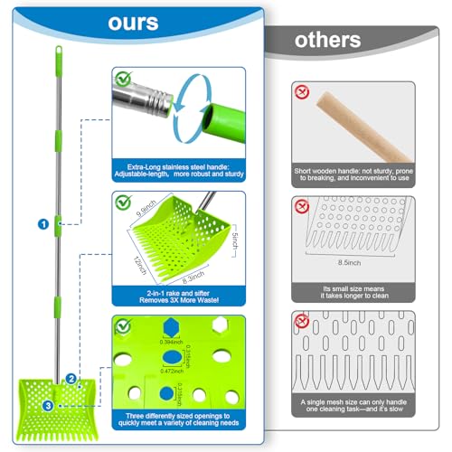 2-in-1 Chicken Poop Scooper & Rake, 20–61" Extendable Handle