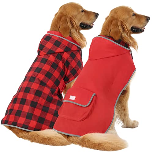 HDE 2-in-1 Reversible Dog Raincoat Hooded Poncho Rain Jacket Red Plaid L - color: Buffalo Plaid / Red, size: Large