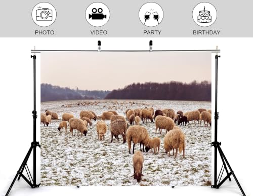 17x10ft Fabric Flock Wool Sheep Backdrop Thin Snow Pasture Leafless Dark Wood Overcast Sky Photography Background Tapestry Party Winter Farm Decorations Photo Booth Props - size: 17x10ft