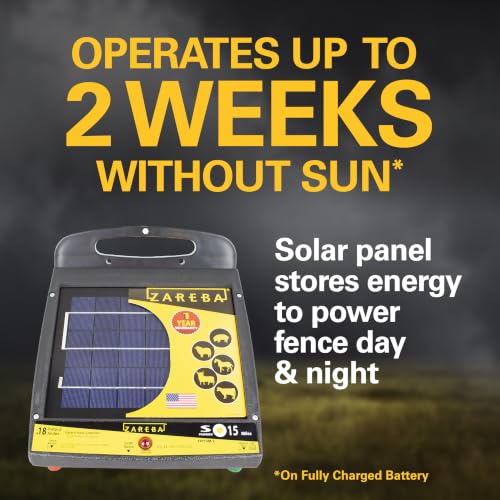 Zareba Solar Powered Low Impedance Electric Fence Charger, 15 Mile Solar Powered Electric Fence Energizer, Contain Animals, Keep Out Predators - ESP15M-Z